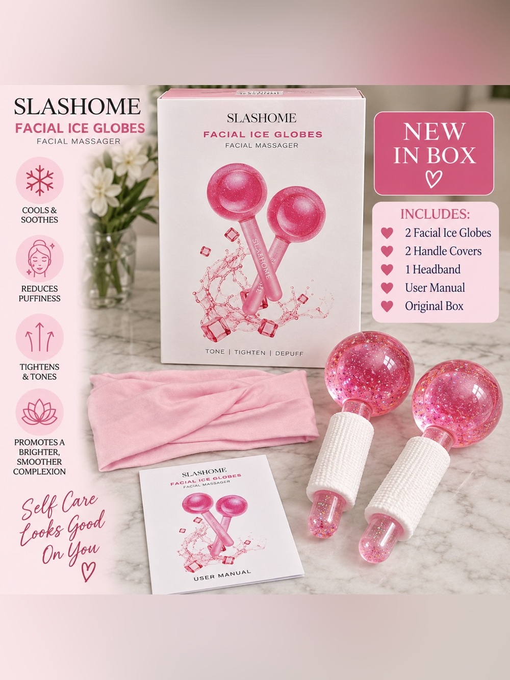 🩷NEW Slashome Facial Ice Globes Pink Cooling Face Massager Depuff Skincare